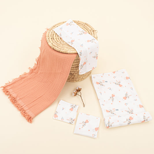 Dört Katlı Organik Muslin Set - Mercan - Tavşan