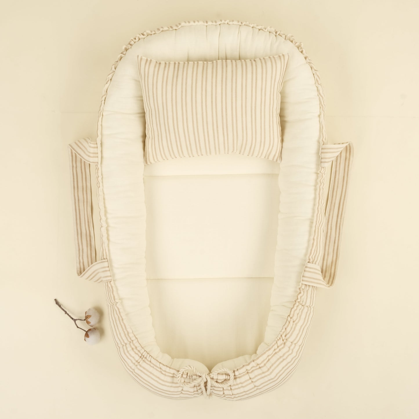 Babynest ve Yastık - Çift Taraflı - İki Katlı Kum Çizgili - Krem Muslin