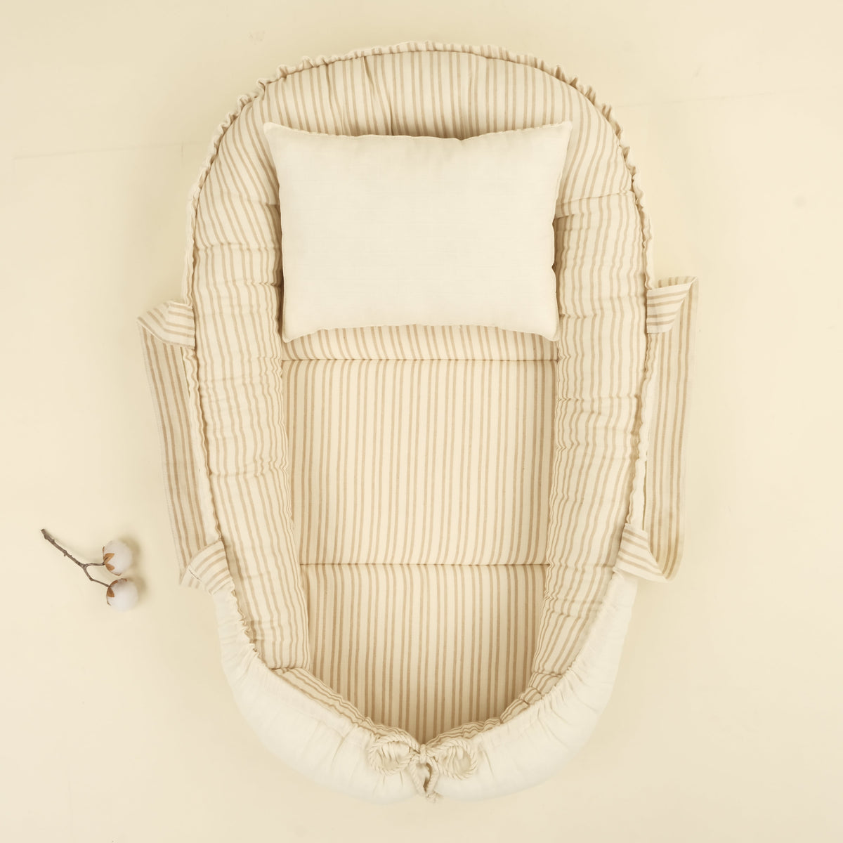 Babynest ve Yastık - Çift Taraflı - İki Katlı Kum Çizgili - Krem Muslin