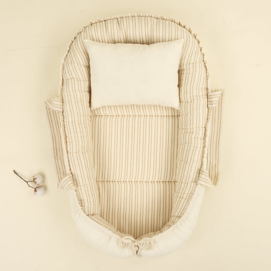 Babynest ve Yastık - Çift Taraflı - İki Katlı Kum Çizgili - Krem Muslin
