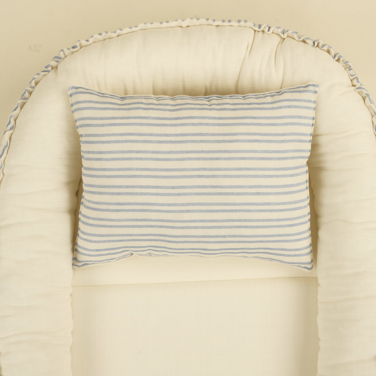 Babynest ve Yastık - Çift Taraflı - İki Katlı Mavi Çizgili - Krem Muslin