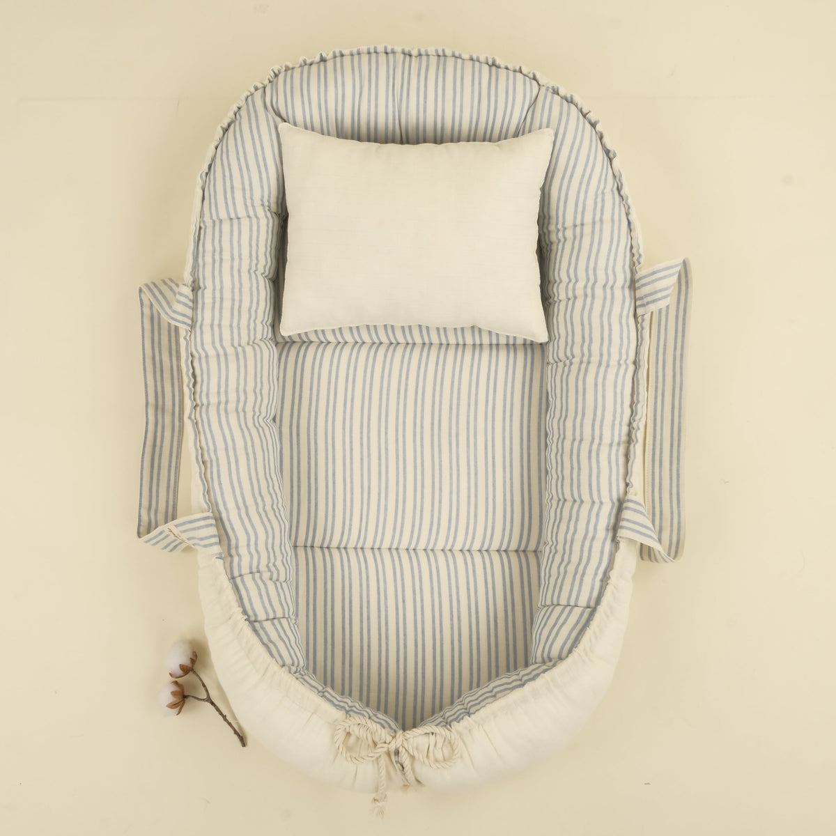 Babynest ve Yastık - Çift Taraflı - İki Katlı Mavi Çizgili - Krem Muslin