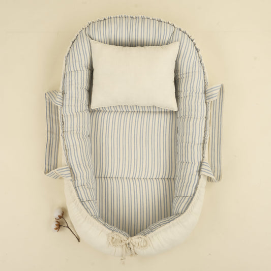 Babynest ve Yastık - Çift Taraflı - İki Katlı Mavi Çizgili - Krem Muslin
