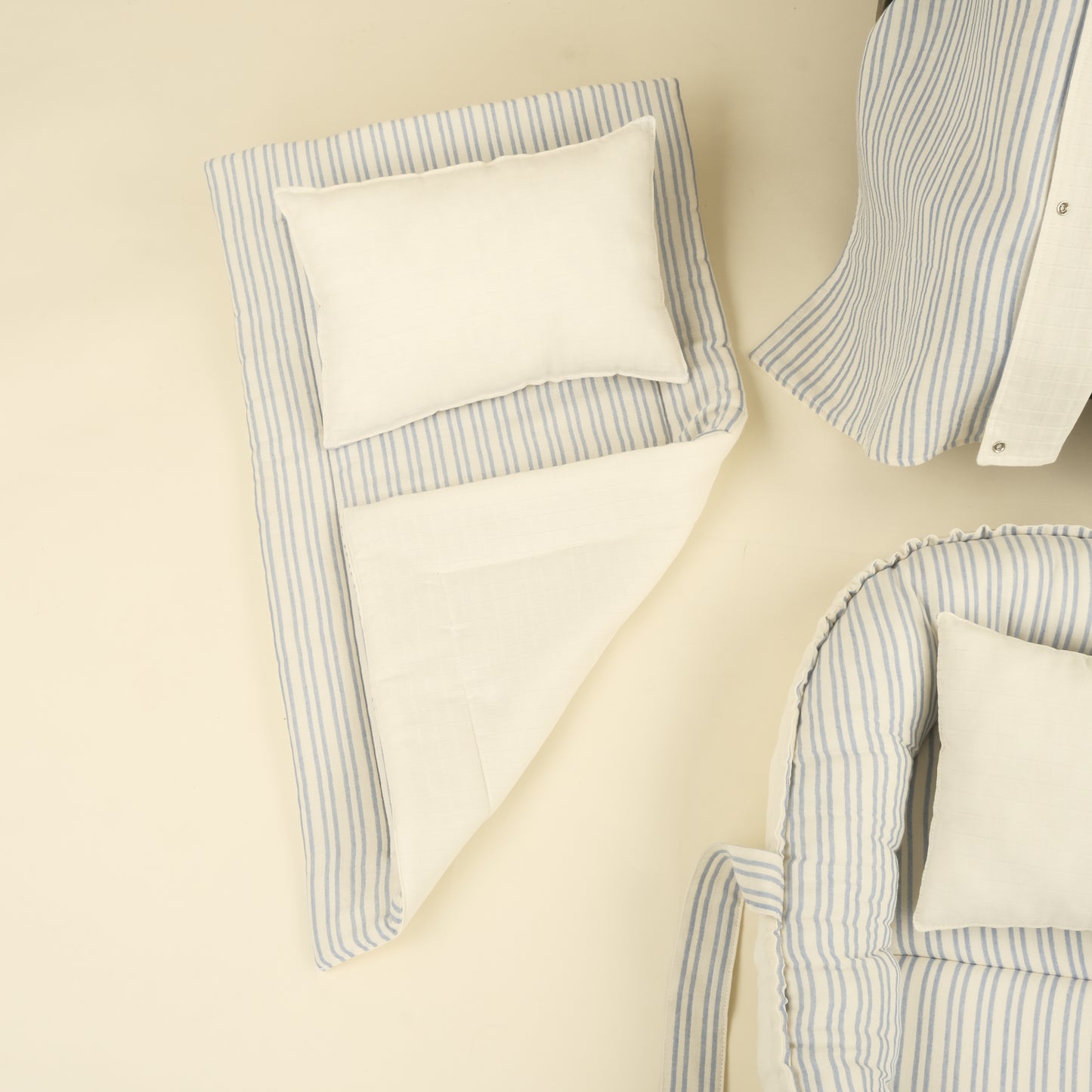 9 Parça Çift Taraflı Muslin Setler - İki Katlı Mavi Çizgili - Krem Muslin