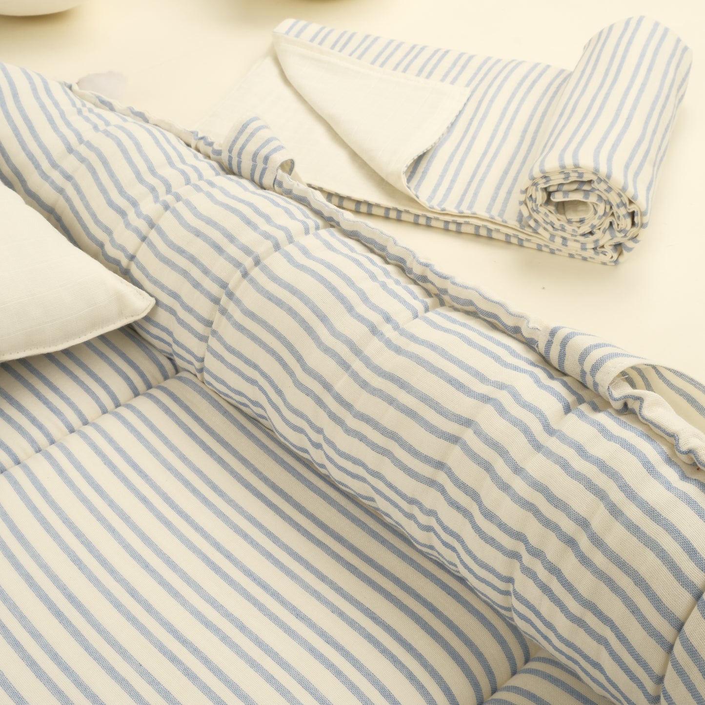 9 Parça Çift Taraflı Muslin Setler - İki Katlı Mavi Çizgili - Krem Muslin