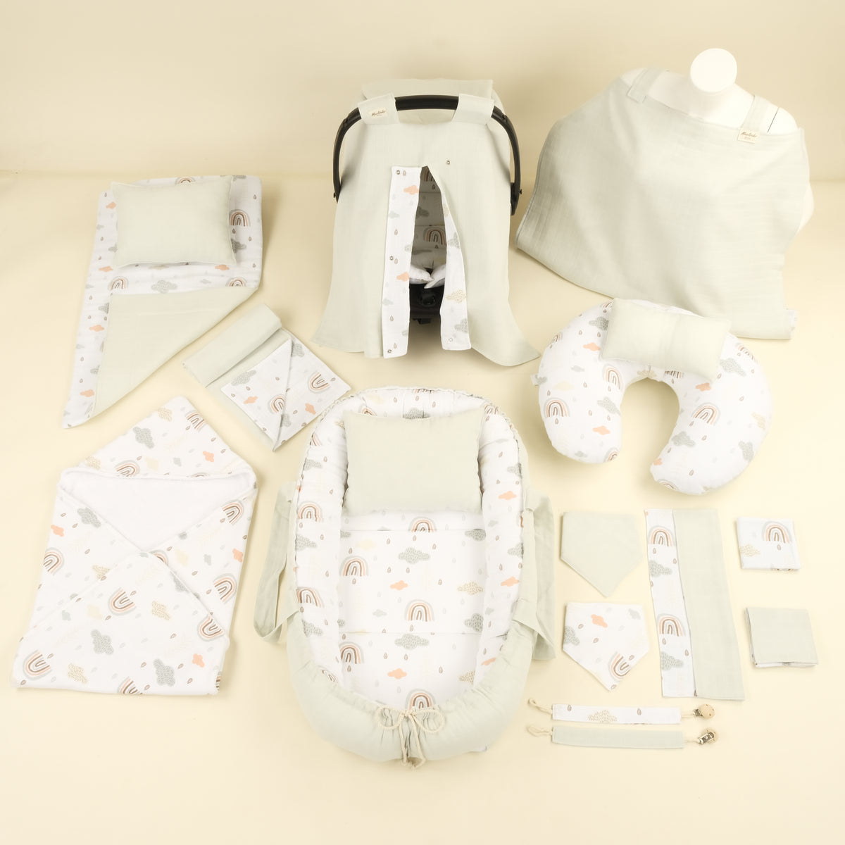 18 Parça Full Set - Çift Taraflı - Açık Yeşil Muslin - Yeşil Gökkuşağı