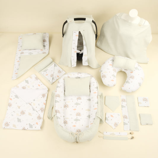 18 Parça Full Set - Çift Taraflı - Açık Yeşil Muslin - Yeşil Gökkuşağı