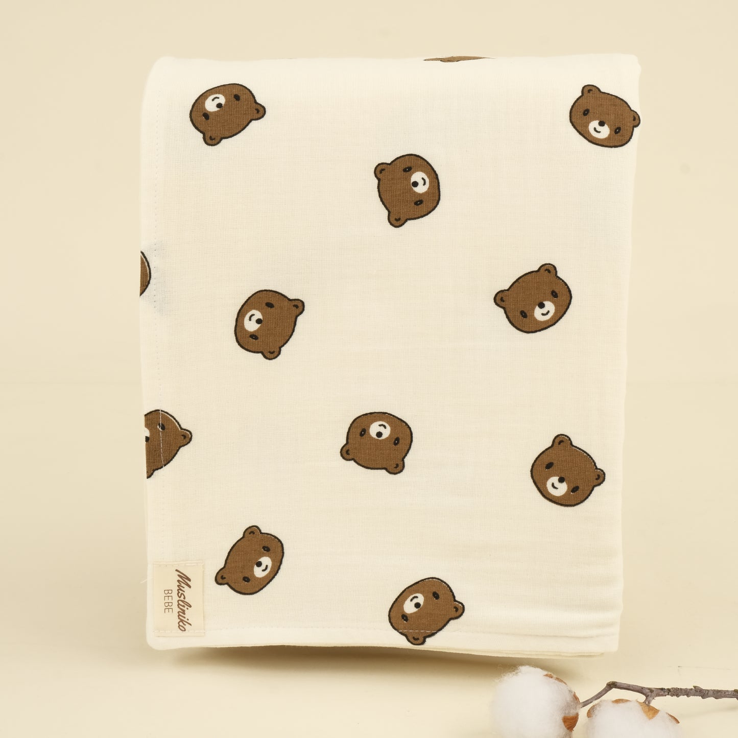 Çift Taraflı Muslin Örtü - İki Katlı Bear - Krem Muslin