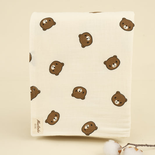 Çift Taraflı Muslin Örtü - İki Katlı Bear - Krem Muslin