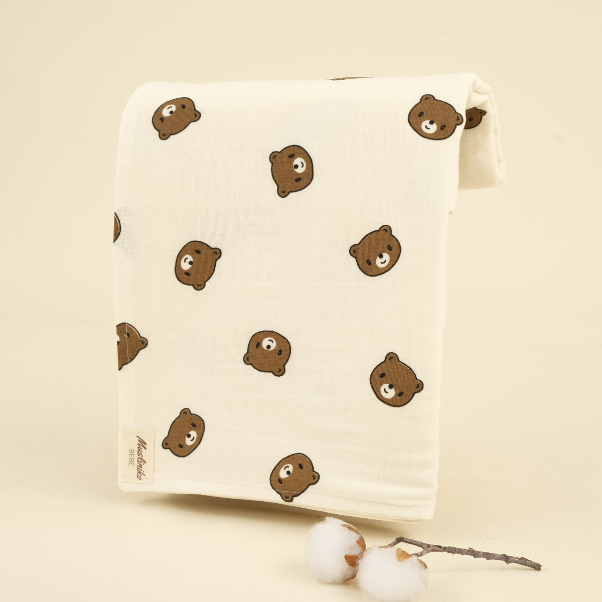 Çift Taraflı Muslin Örtü - İki Katlı Bear - Krem Muslin