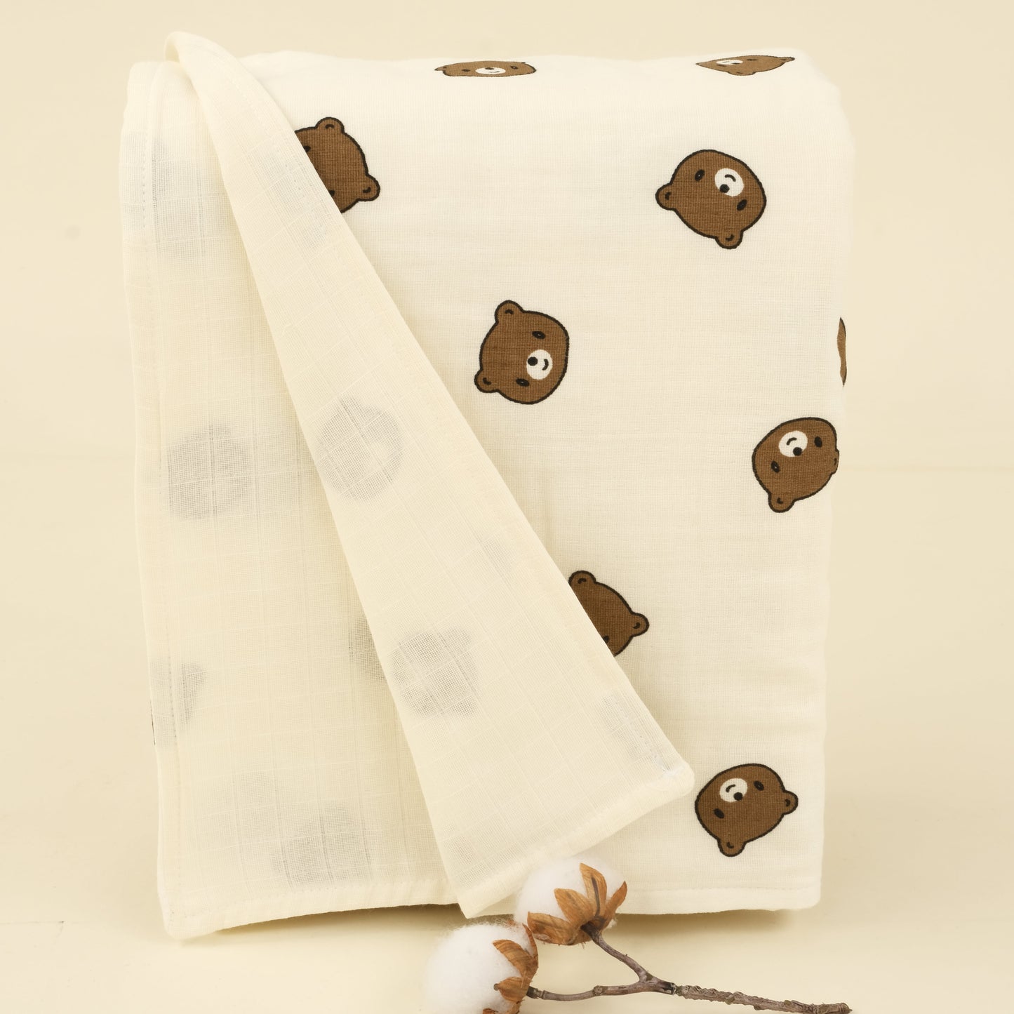 Çift Taraflı Muslin Örtü - İki Katlı Bear - Krem Muslin