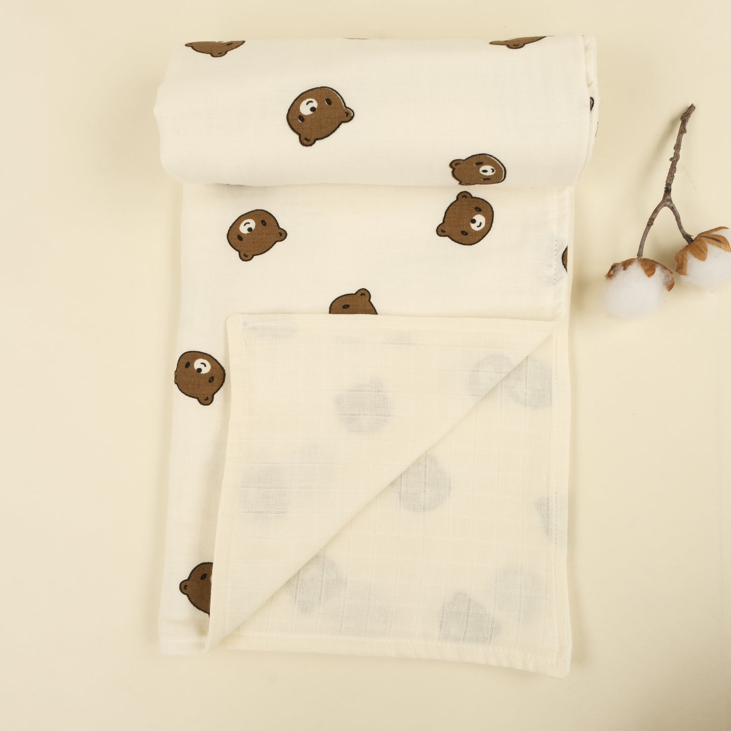 Çift Taraflı Muslin Örtü - İki Katlı Bear - Krem Muslin