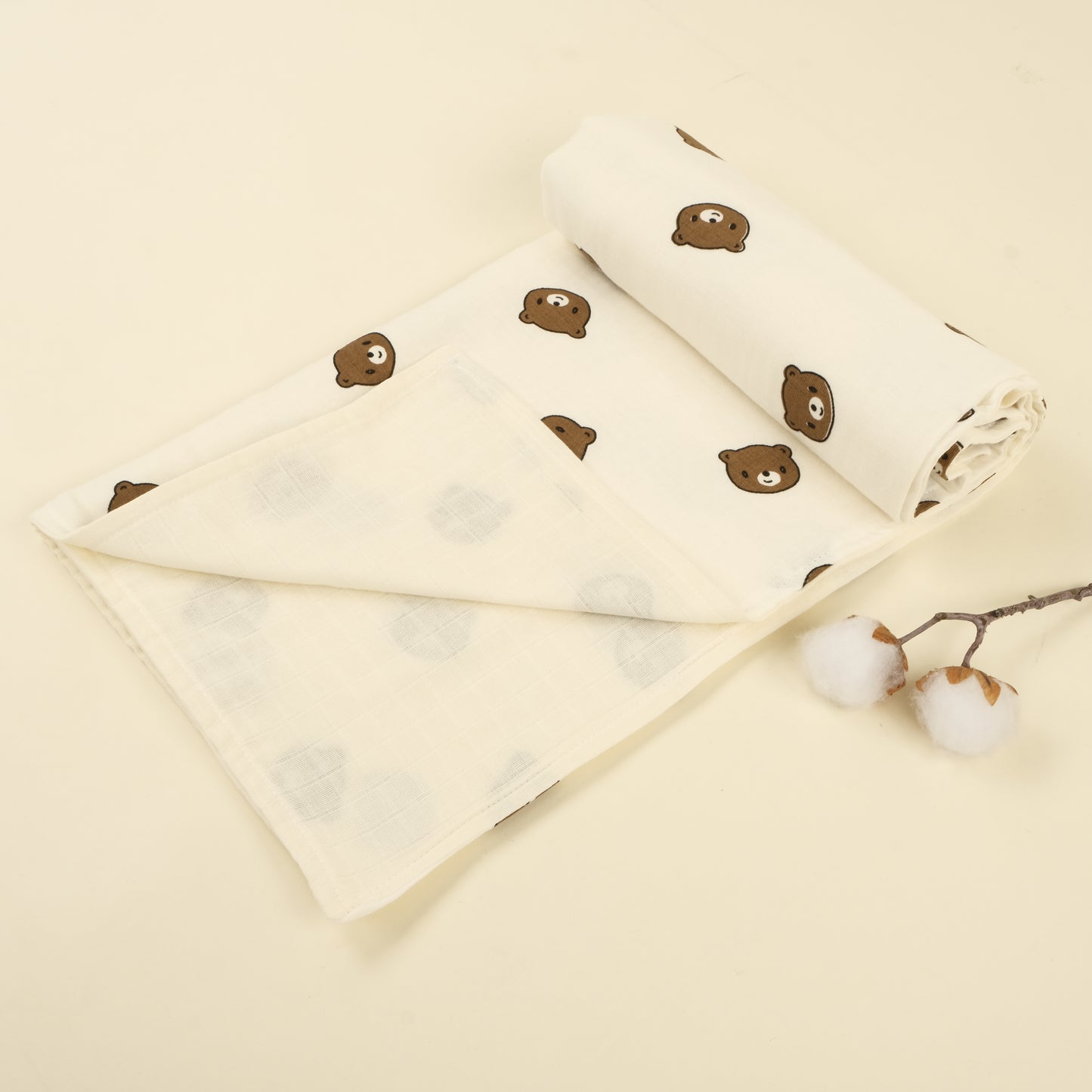 Çift Taraflı Muslin Örtü - İki Katlı Bear - Krem Muslin