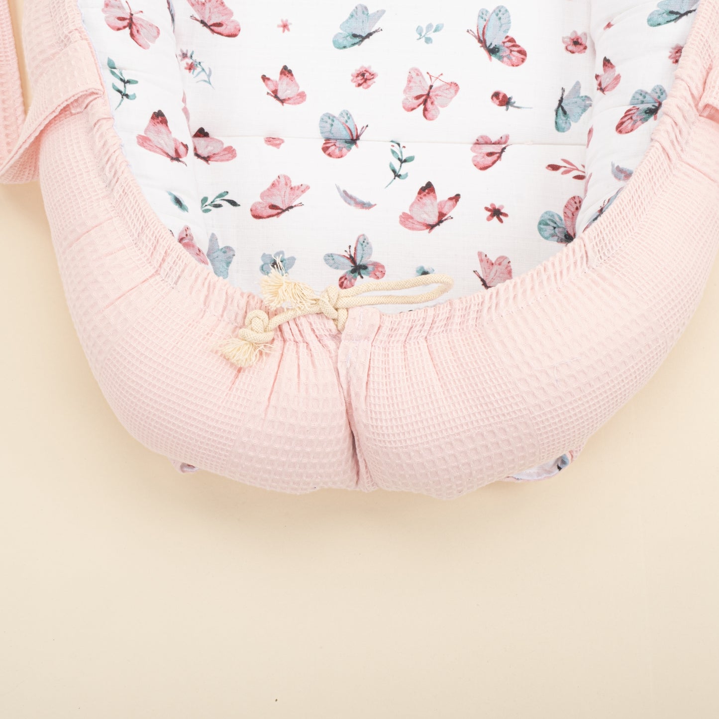 Babynest ve Yastık - Çift Taraflı - Pembe Waffle - Kelebekler