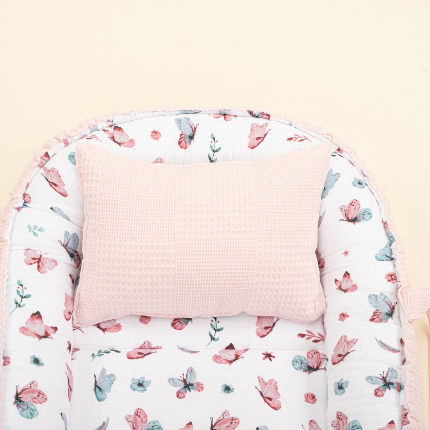 Babynest ve Yastık - Çift Taraflı - Pembe Waffle - Kelebekler