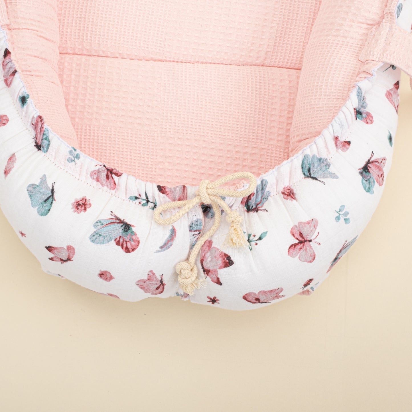 Babynest ve Yastık - Çift Taraflı - Pembe Waffle - Kelebekler