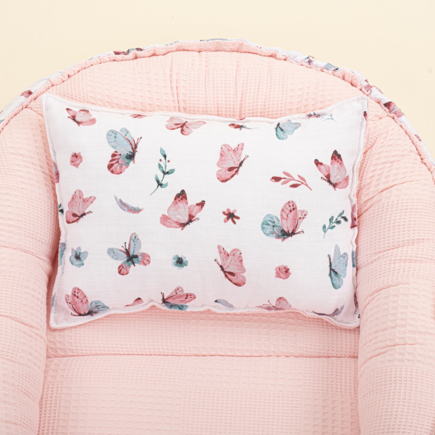 Babynest ve Yastık - Çift Taraflı - Pembe Waffle - Kelebekler