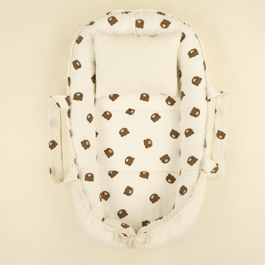 Babynest ve Yastık - Çift Taraflı - İki Katlı Bear - Krem Muslin
