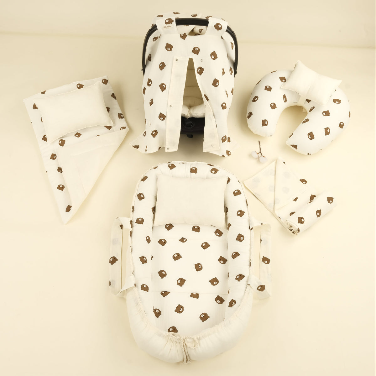 9 Parça Çift Taraflı Muslin Setler - İki Katlı Bear - Krem Muslin