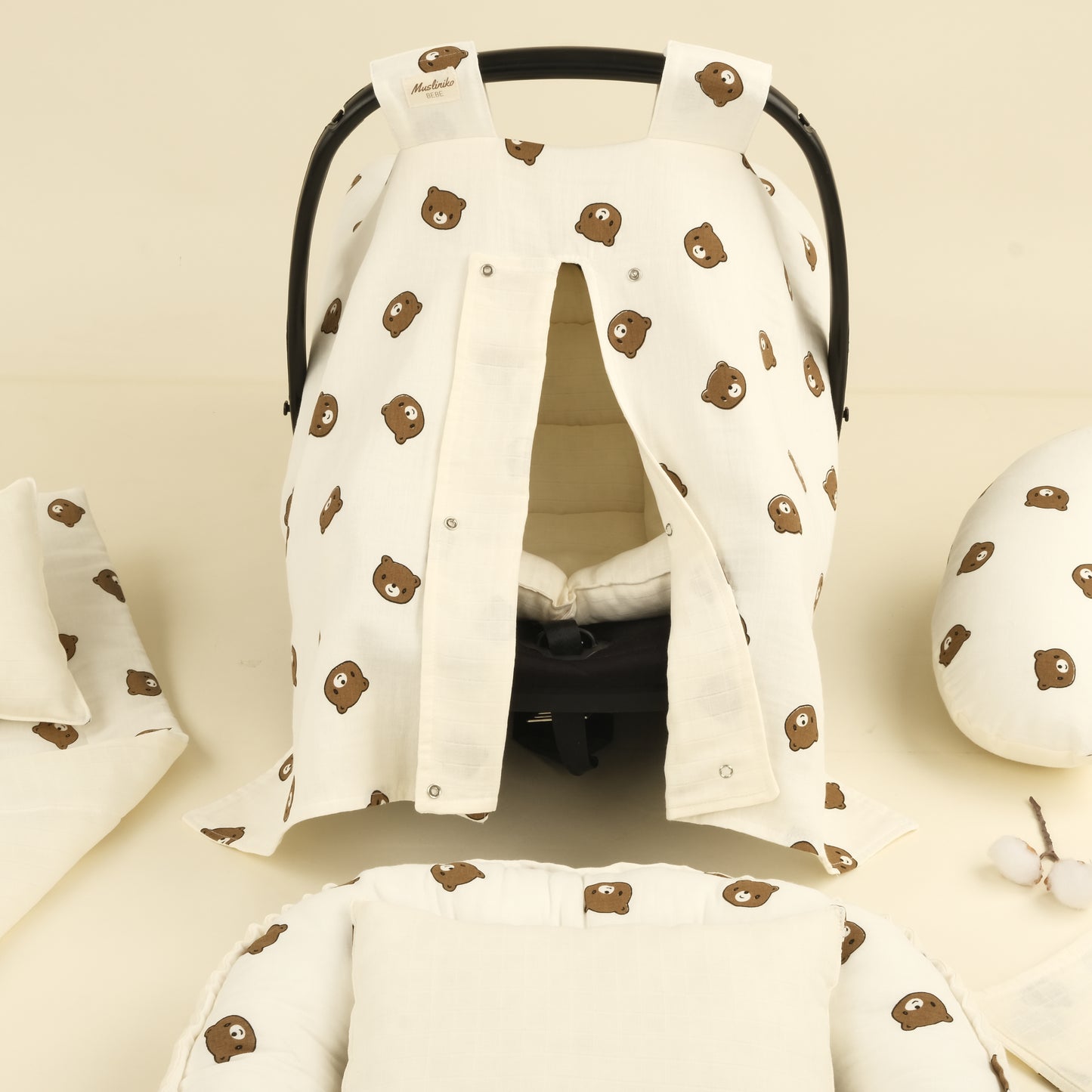 9 Parça Çift Taraflı Muslin Setler - İki Katlı Bear - Krem Muslin
