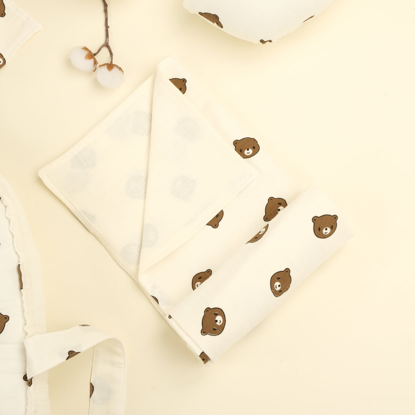 9 Parça Çift Taraflı Muslin Setler - İki Katlı Bear - Krem Muslin