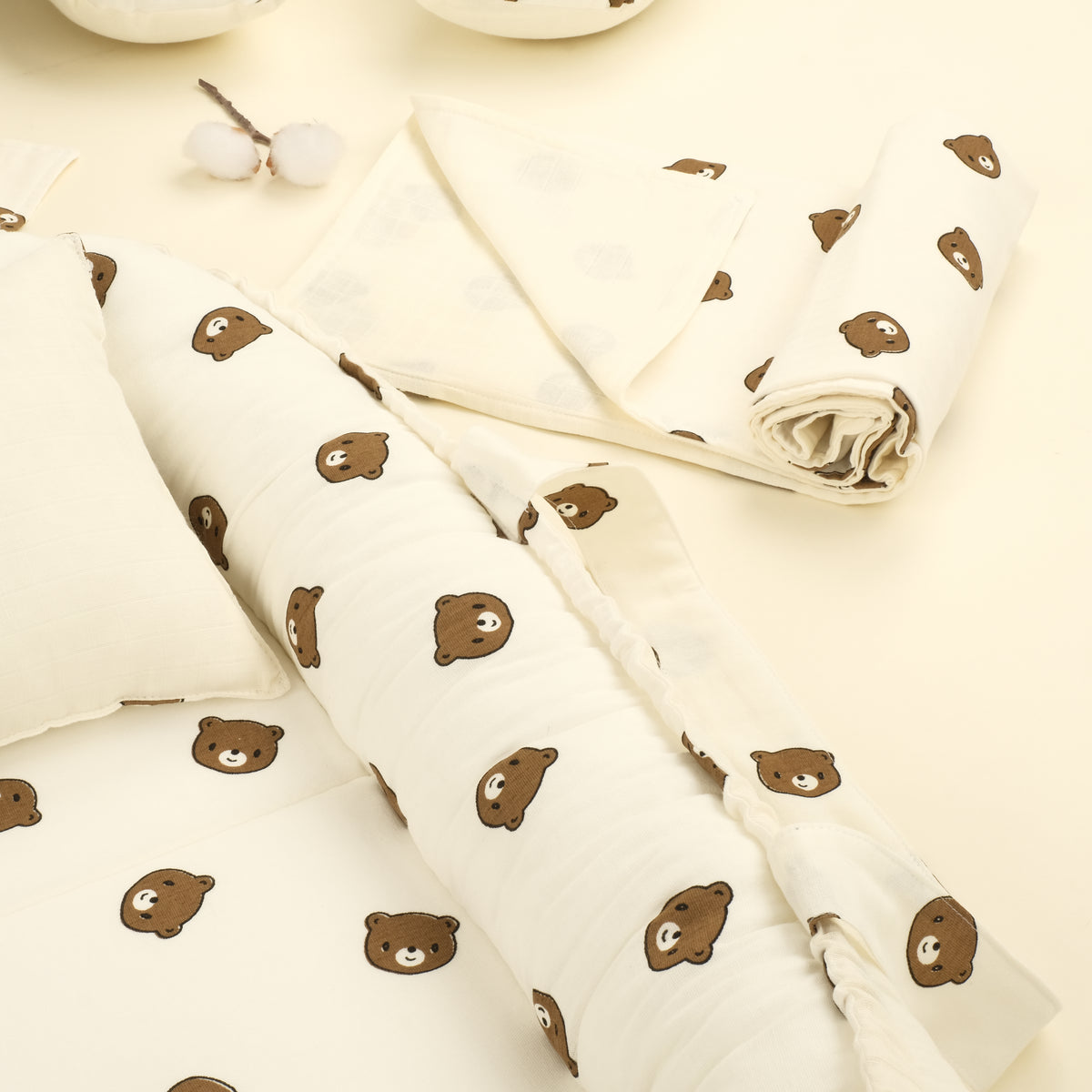 9 Parça Çift Taraflı Muslin Setler - İki Katlı Bear - Krem Muslin