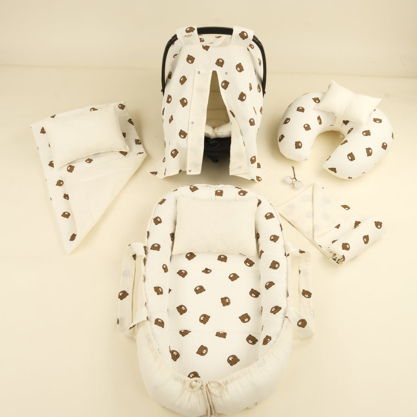9 Parça Çift Taraflı Muslin Setler - İki Katlı Bear - Krem Muslin