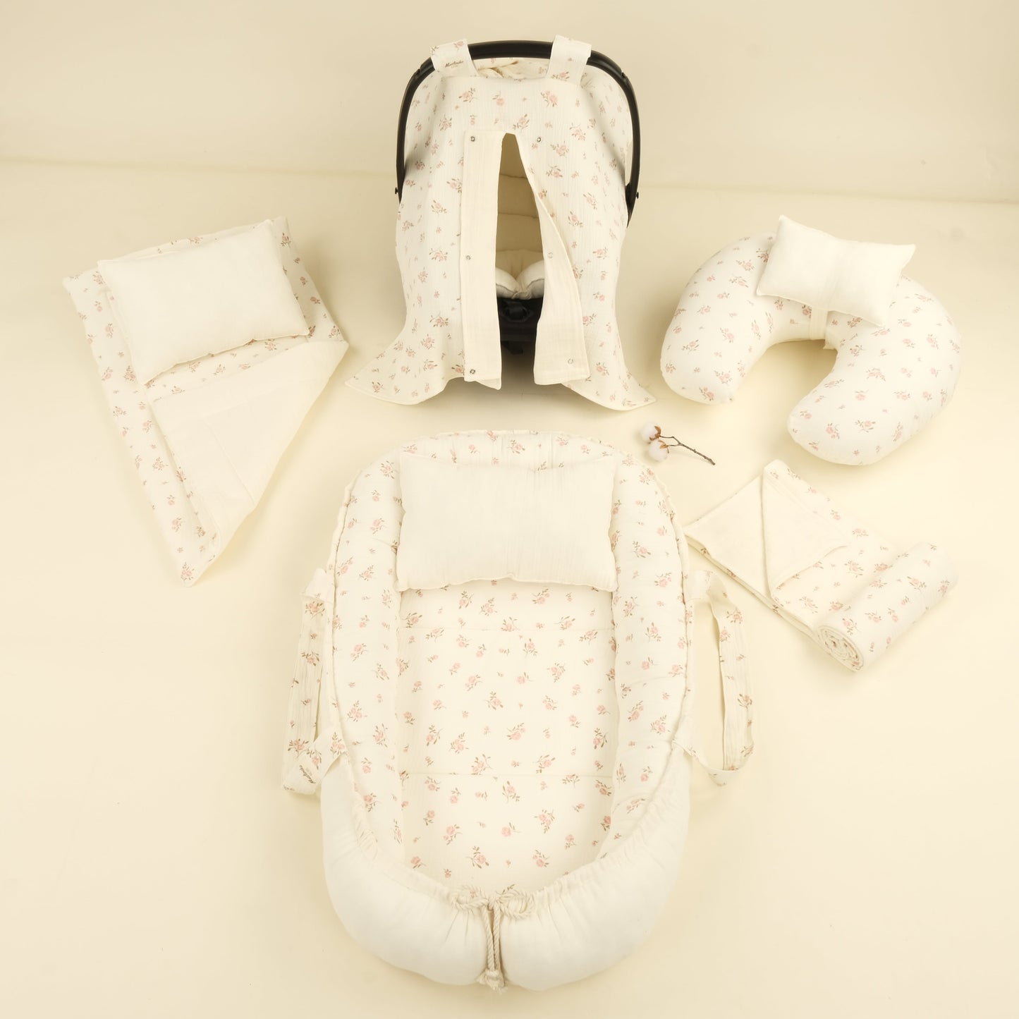 9 Parça Çift Taraflı Muslin Setler - İki Katlı Soft Çiçekler - Krem İki Katlı Muslin
