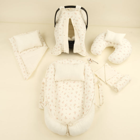 9 Parça Çift Taraflı Muslin Setler - İki Katlı Soft Çiçekler - Krem İki Katlı Muslin