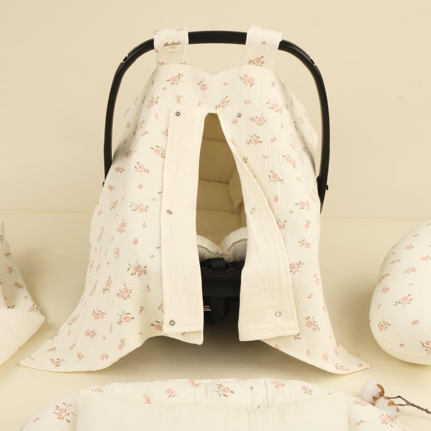 9 Parça Çift Taraflı Muslin Setler - İki Katlı Soft Çiçekler - Krem İki Katlı Muslin