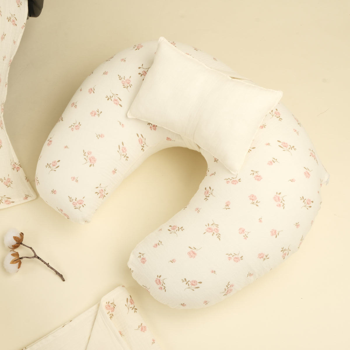 9 Parça Çift Taraflı Muslin Setler - İki Katlı Soft Çiçekler - Krem İki Katlı Muslin