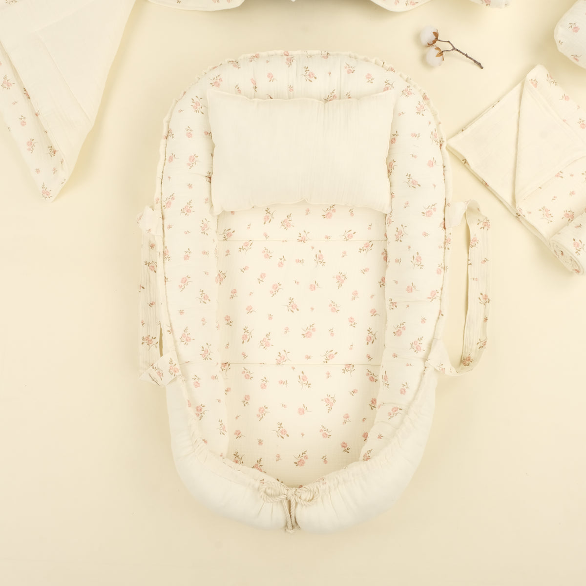 9 Parça Çift Taraflı Muslin Setler - İki Katlı Soft Çiçekler - Krem İki Katlı Muslin