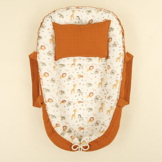 Babynest ve Yastık - Çift Taraflı - İki Katlı Safari - Kiremit Muslin