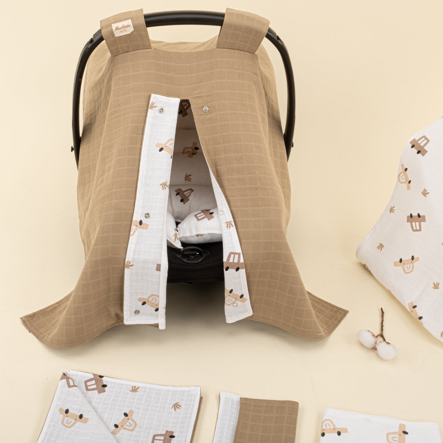 9 Parça Avantajlı Set - Çift Taraflı - Toprak Muslin - Kahverengi Arabalar