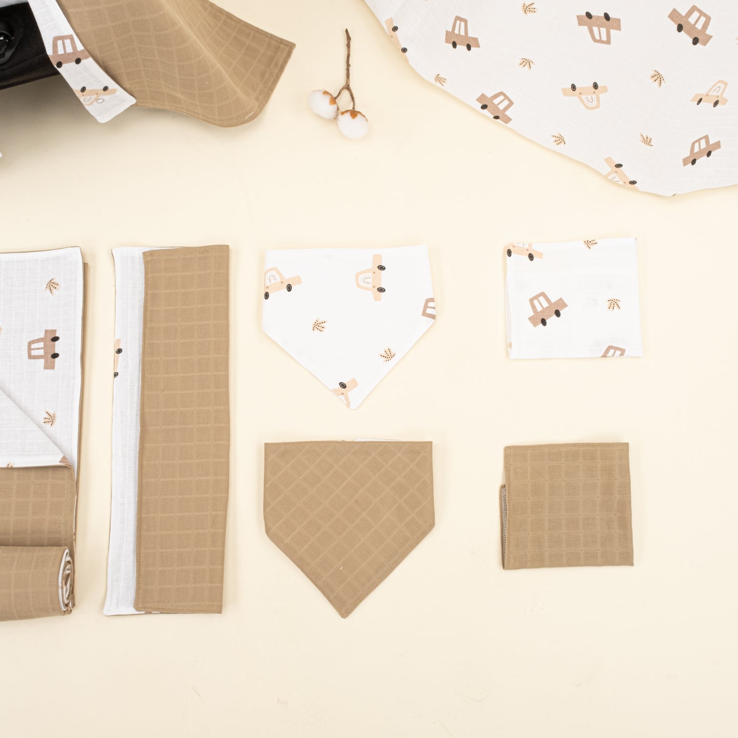 9 Parça Avantajlı Set - Çift Taraflı - Toprak Muslin - Kahverengi Arabalar