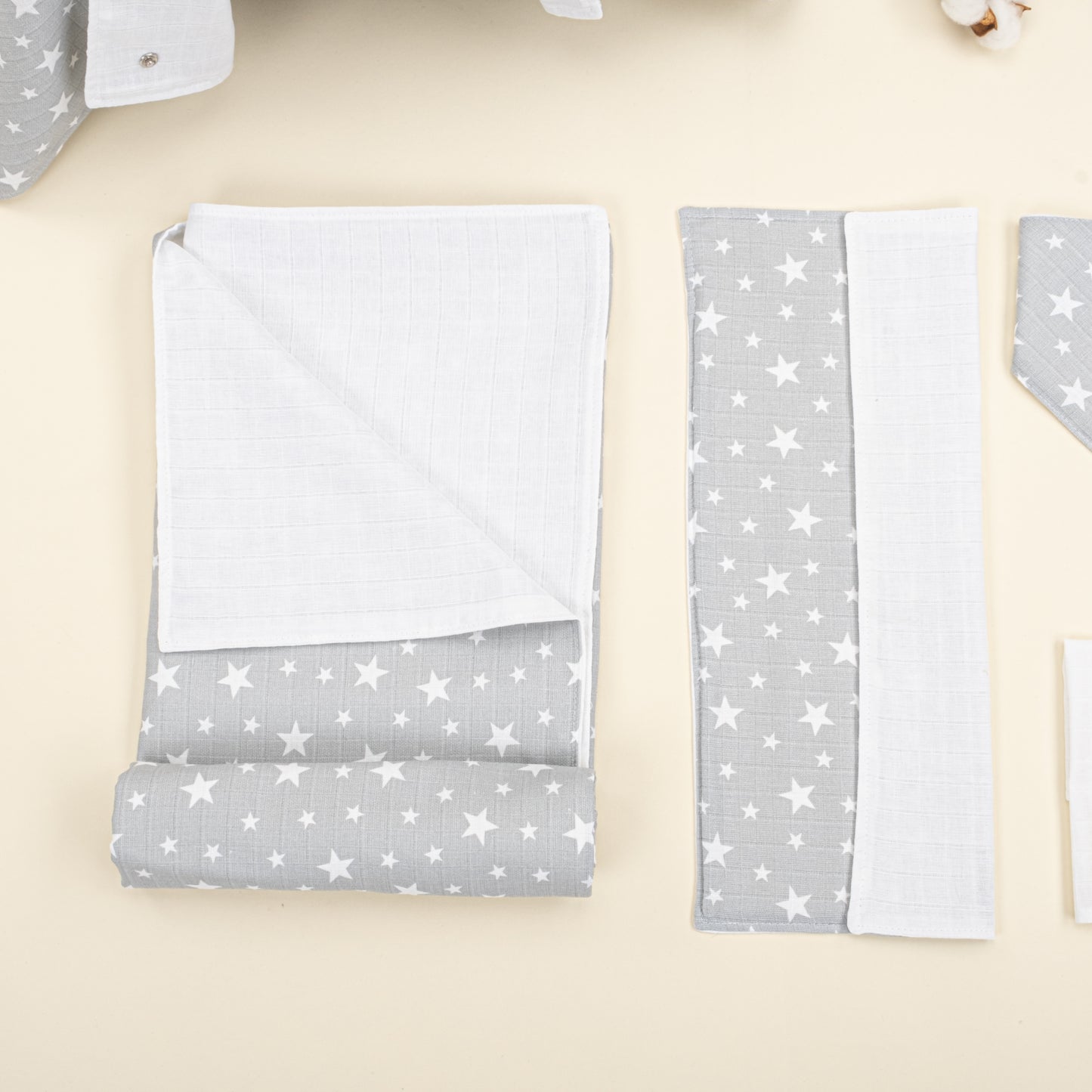 9 Parça Avantajlı Set - Çift Taraflı - Krem Muslin - Gri Minik Yıldızlar