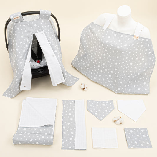9 Parça Avantajlı Set - Çift Taraflı - Krem Muslin - Gri Minik Yıldızlar