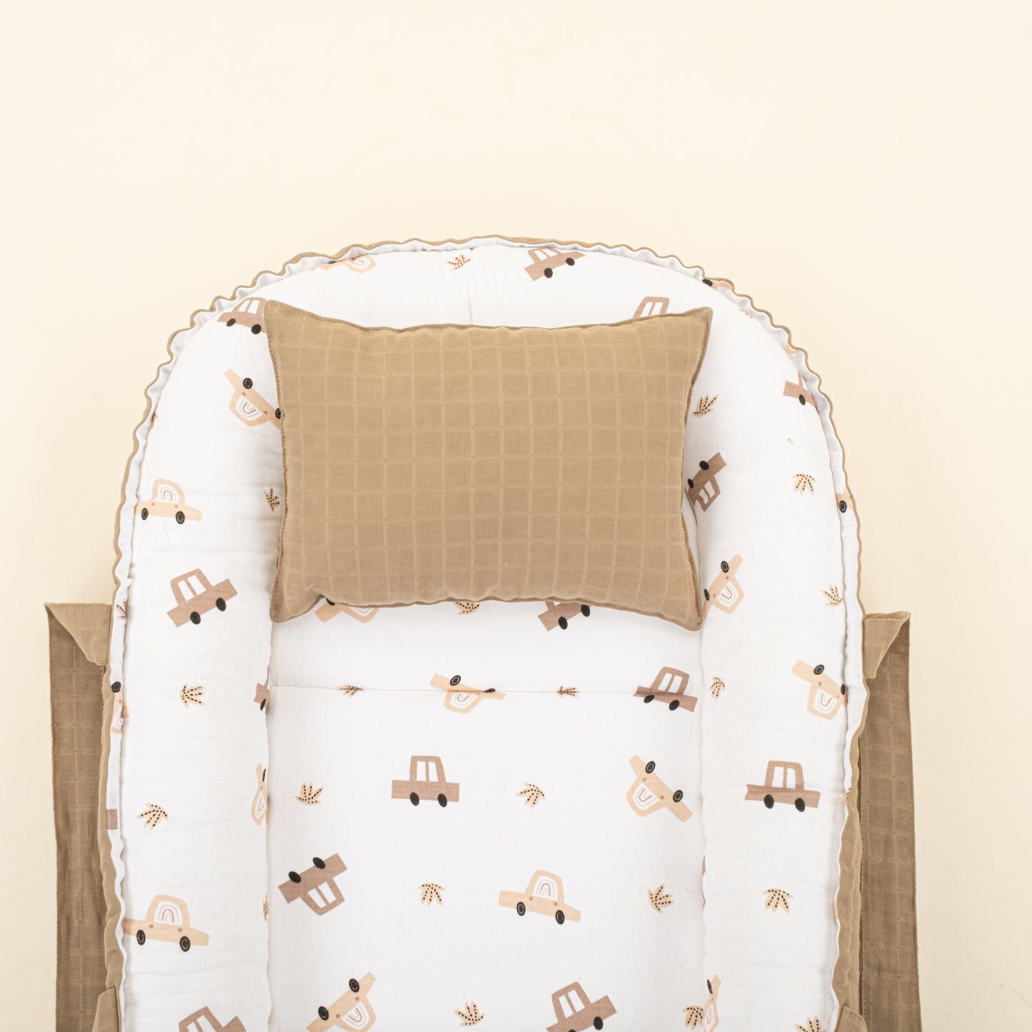 Babynest ve Yastık - Çift Taraflı - Toprak Muslin - Kahverengi Arabalar