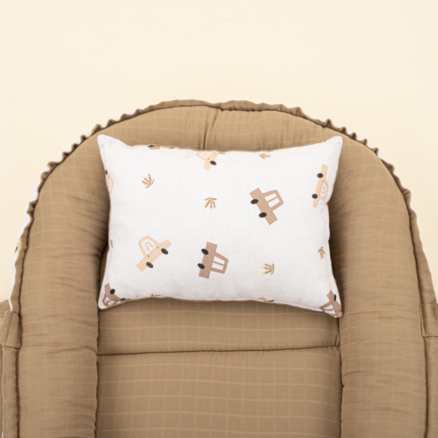 Babynest ve Yastık - Çift Taraflı - Toprak Muslin - Kahverengi Arabalar