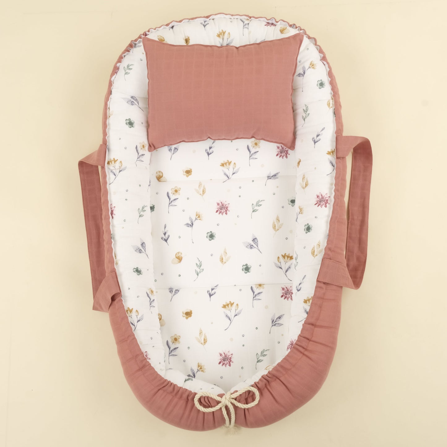 Babynest ve Yastık - Çift Taraflı - Gül Kurusu Muslin - Filizler