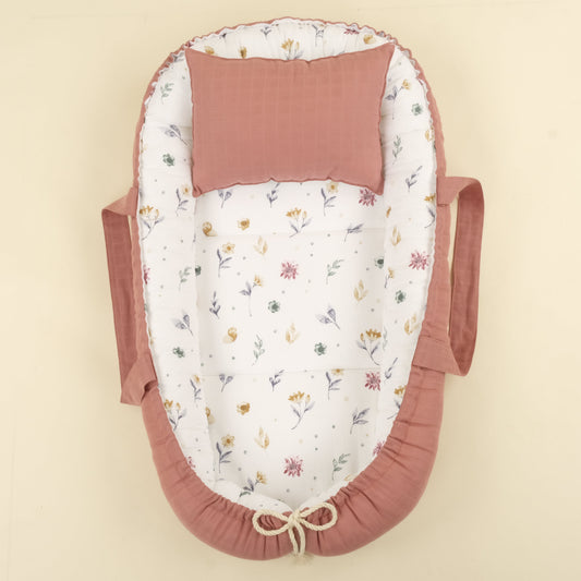 Babynest ve Yastık - Çift Taraflı - Gül Kurusu Muslin - Filizler