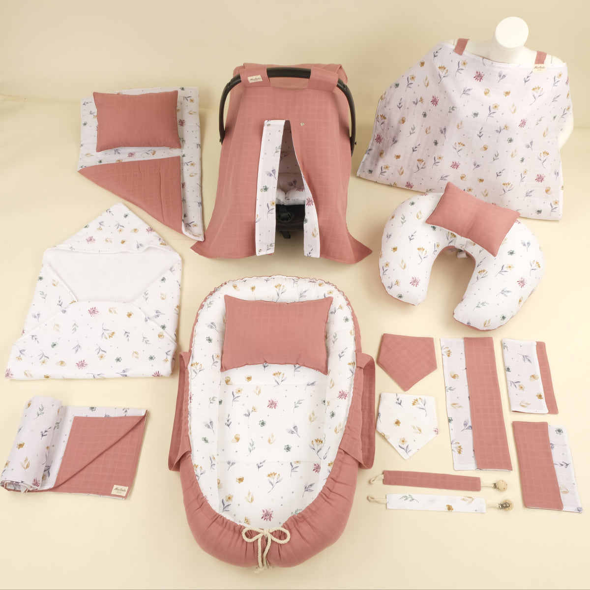 18 Parça Full Set - Çift Taraflı - Filizler - Gül Kurusu Muslin