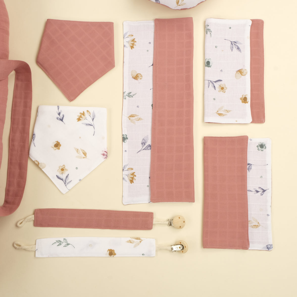 18 Parça Full Set - Çift Taraflı - Filizler - Gül Kurusu Muslin