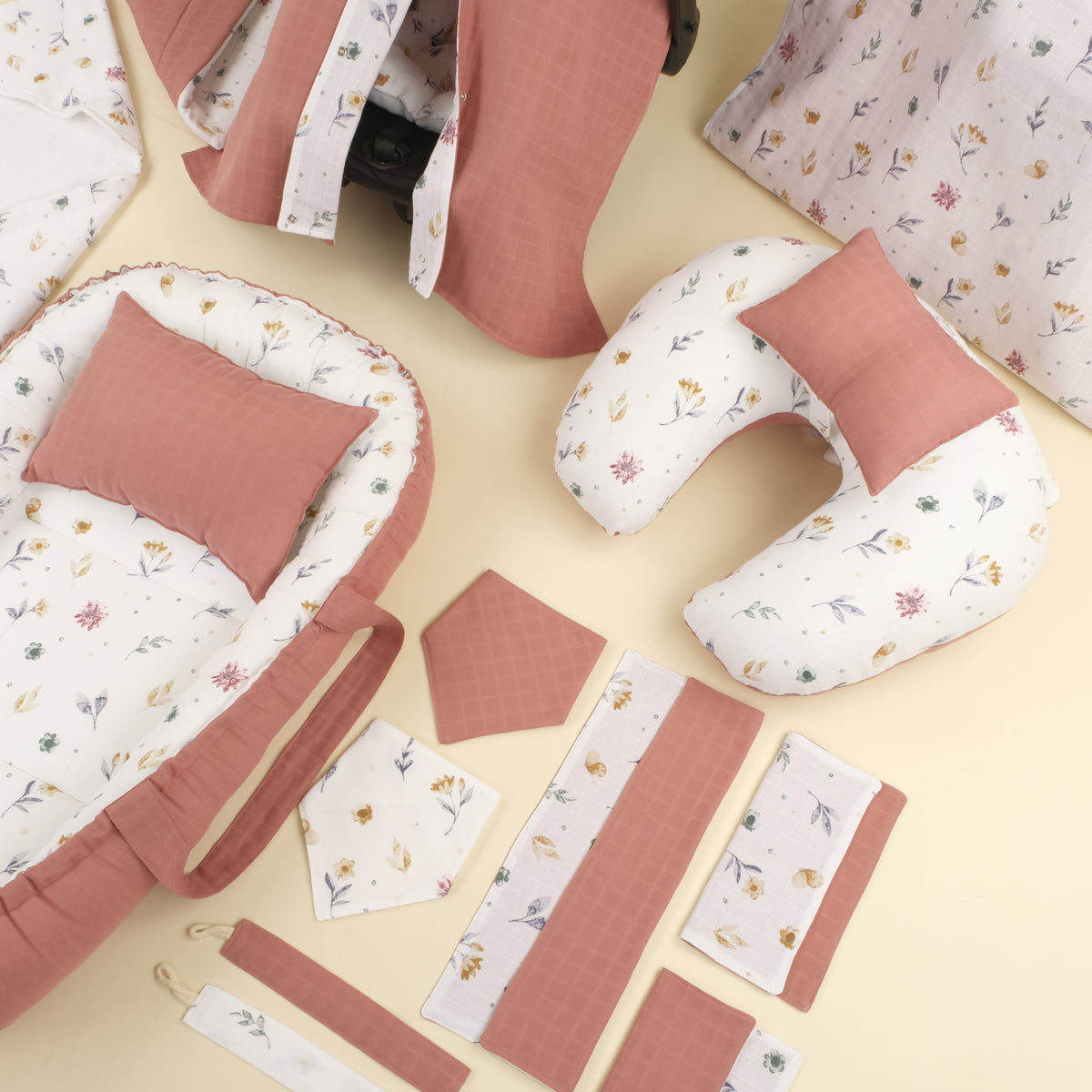 18 Parça Full Set - Çift Taraflı - Filizler - Gül Kurusu Muslin
