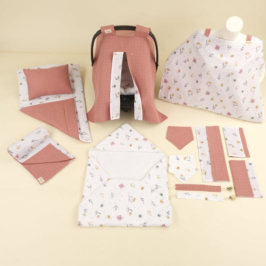 14 Parça Avantajlı Set - Çift Taraflı - Filizler - Gül Kurusu Muslin