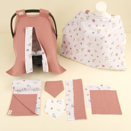 9 Parça Avantajlı Set - Çift Taraflı - Filizler - Gül Kurusu Muslin