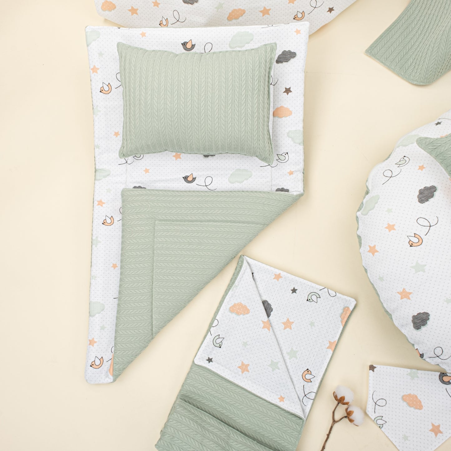 18 Parça Full Set - Çift Taraflı - Mint Örgü - Kuş