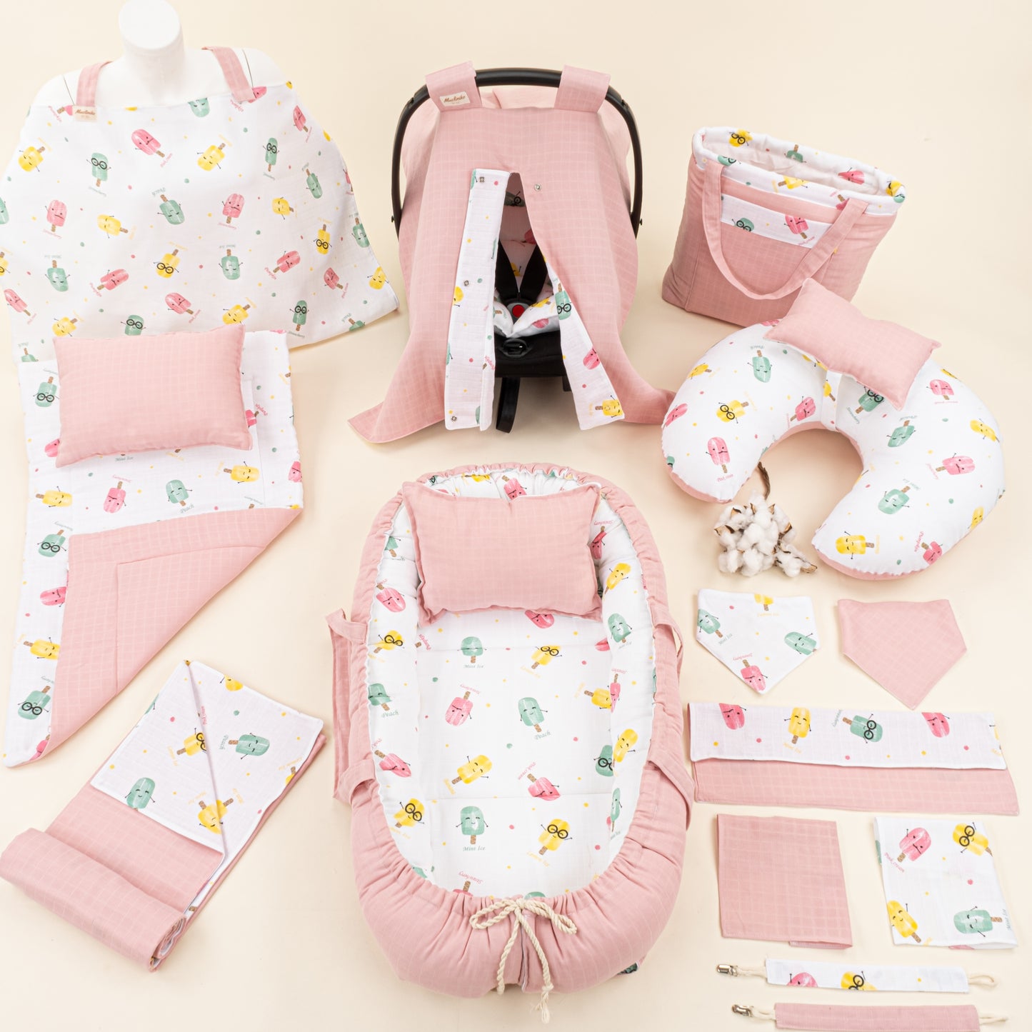 18 Parça Full Set - Çift Taraflı - Pudra Muslin - Dondurma