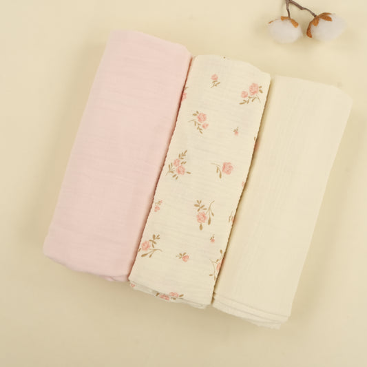 3'lü Set - İki Katlı Müslin Örtü - Bebe Pembe - Soft Çiçekler - Krem