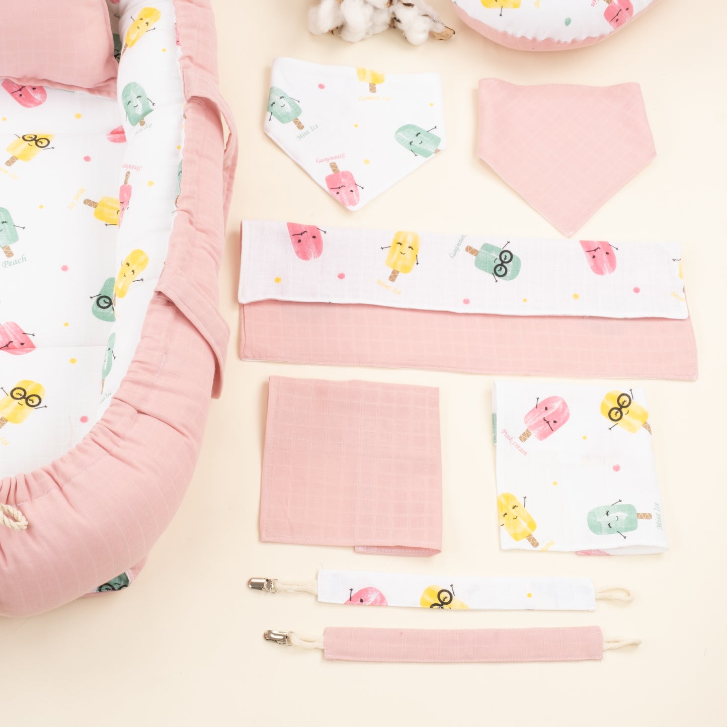 18 Parça Full Set - Çift Taraflı - Pudra Muslin - Dondurma